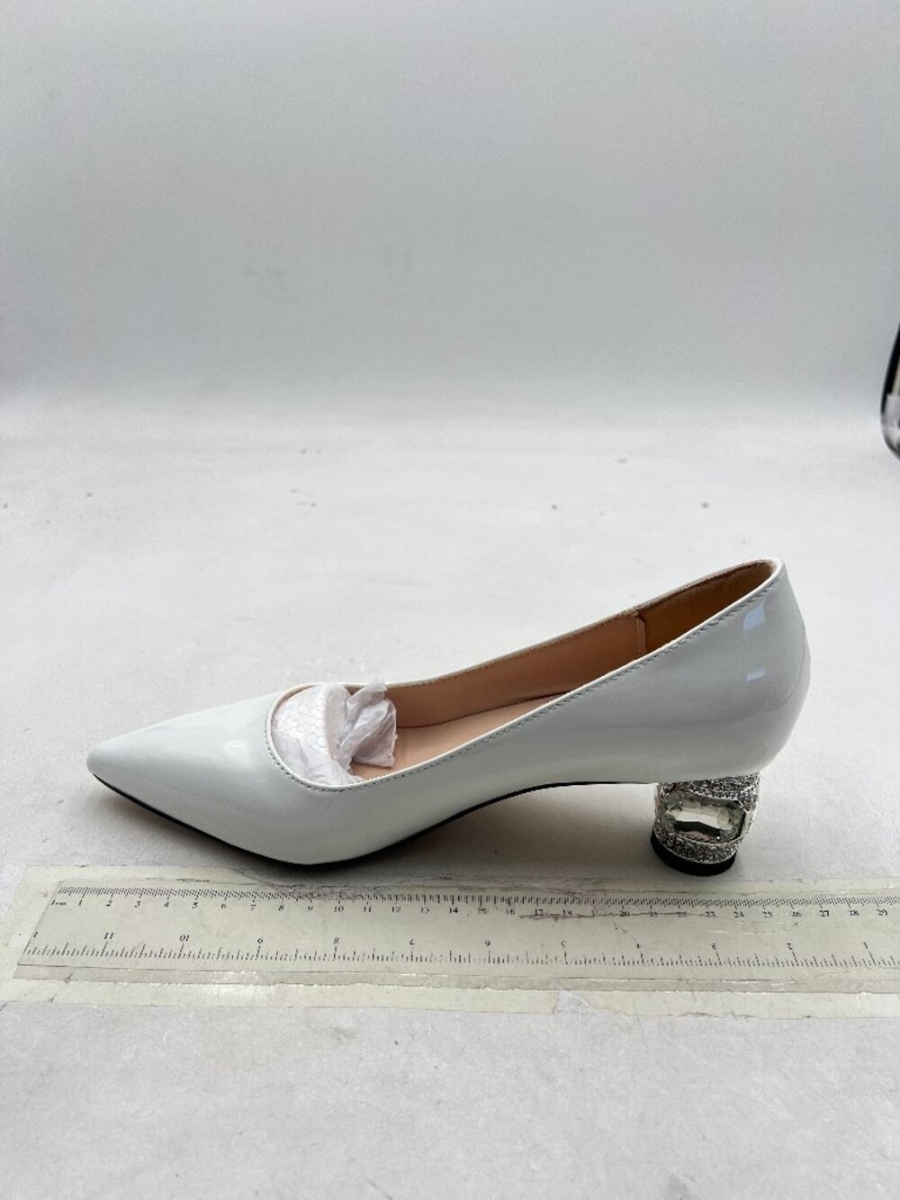 FSJ White Bridal Pointed Toe Low Heel Crystal Pumps Slip on Wedding Shoes